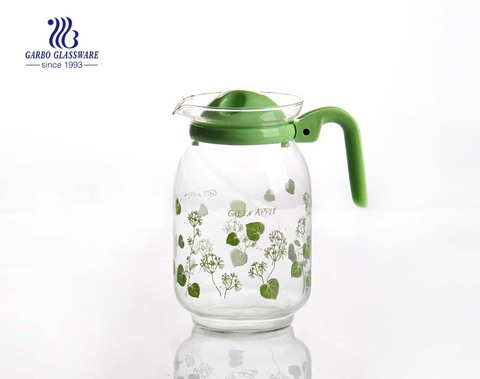 Cheap price FOB CHONGQIANG custom decal glass jug teapot with colourful plastic cover accessory