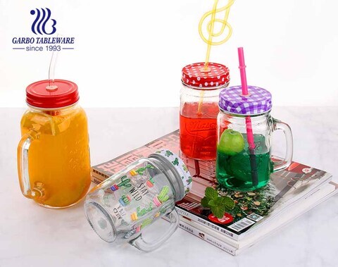 Regular 0.13 gallon mason jars 17.6oz homemade juice mason jar drinking glasses with color lid and straw