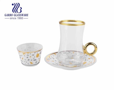 This glass tea set is with 3 different glasses, which is a 210ml glass cup with handle, a 60ml stemless glass cup and a 4.5inch glass dish. we can also accept customized decals. 