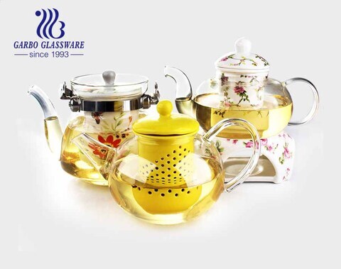 Glass Coffee Tea Kettle Decal Flower Teapots Ceramic Infuser Drinking Tea Pot With Ceramic Holder 