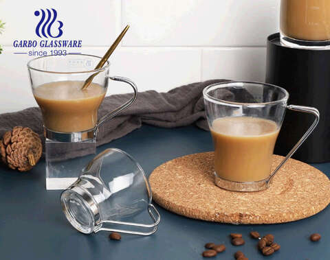 Export European style traditional hot selling glass coffee cups withe metal handles for espresso tea