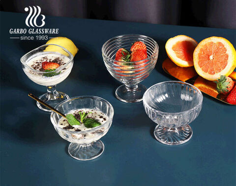 Special Boat Shaped 10oz Glass Dessert Fruit Salad Bowl Embossed Crystal Glass Ice Cream Cup factory in china