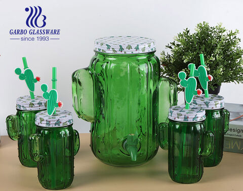 5pcs green color cacti design glass dispensers with mason jars drinking set 