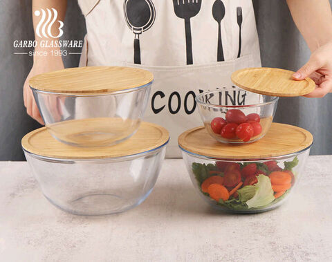 heat resistant high borosilicate glassware baking bowls 4pcs set precook mixing bowls with bamboo lid cutting board manufacturers