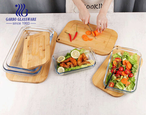 China Rectangle Borosilicate baking bowls  glass pans 4pcs set 1000ml 800ml 2200ml  3000ml storage pan with bamboo lid cutting board wholesale