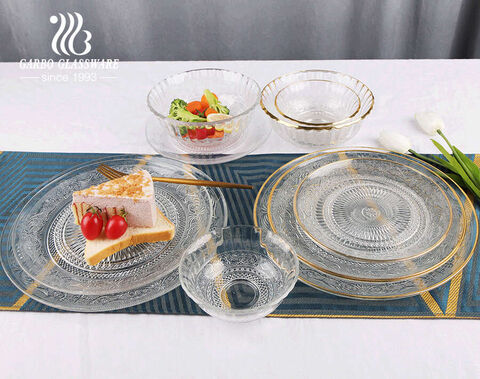 Wholesale Modern Unique Fancy Lace Rim Dinner Plate Set Gold Rim Glass Plates For Wedding Cheap Glass Charger Plate  factory