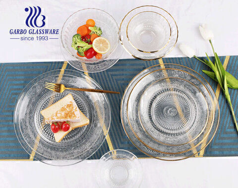 Hot selling exquisite unique fancy gold rim dinner plate set glass plates for wedding party and table scape wholesale china