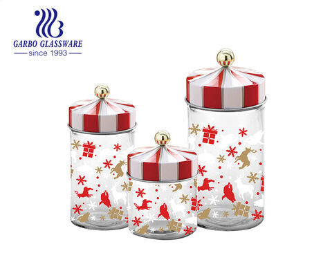 Christmas theme printing glass canisters jars set with optional sizes and plastic lid