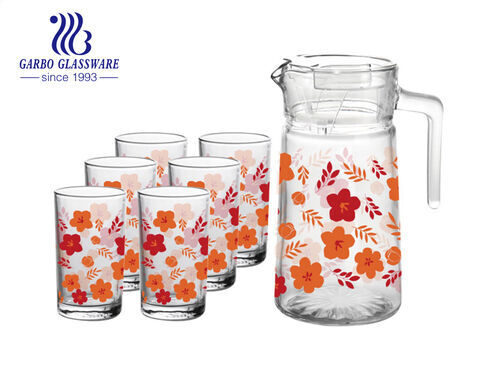 Ensemble de pichet en verre élégant avec décalcomanie de fleurs avec gobelet pour thé glacé à l'eau, limonade