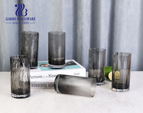 High quality solid colored gray glass drinking cup with engraved strip design