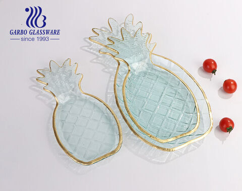 Handmade pressed pineapple shape glass charger plates with gold rim