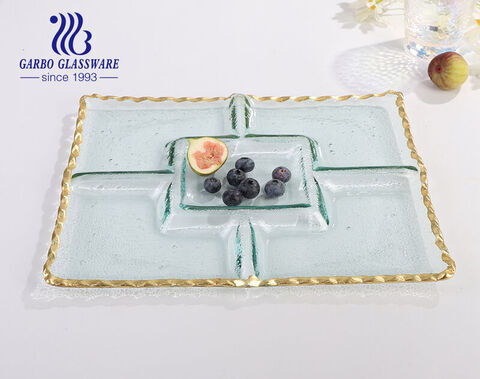 5 Sectional 13 Inches Rectangle Glass Serving Platter With Luxury Gold Edge