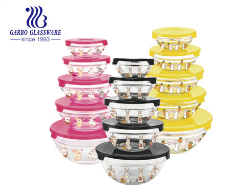 Special edition rabbit decal printing glass salad bowls sets of 5pcs