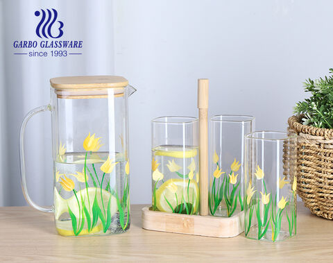 New decal design 1500ml high borosilicate glass water jug set with bamboo tray