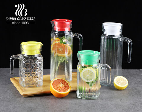 glass water jug with color plastic lid