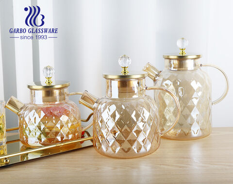 Heat-resistant borosilicate customized ion-plating glass teapot with diamond design metal lid