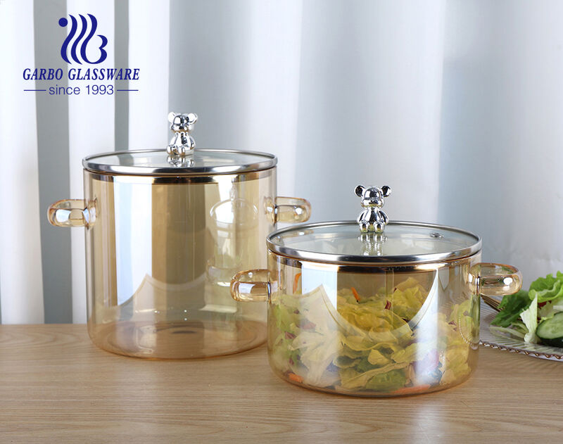 650/1700ML big capacity high borosilicate amber ion-plating cooking soup pot with bear metal lid