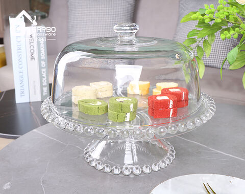 High-white embossed glass dessert cake dish with stand and decorative lid for party suppliers