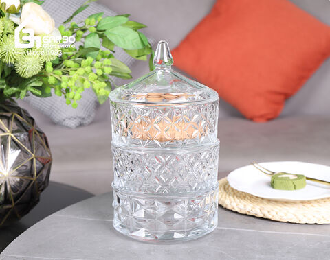 Machine-made high-white three floors glass candy jar with lid for home decor use