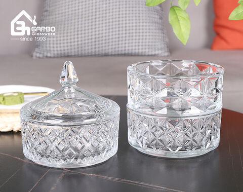 High-white embossed three-layers glass storage candy jar for home use