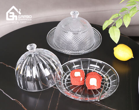 High-white embossed glass serving cake dessert dish with lid for home party use