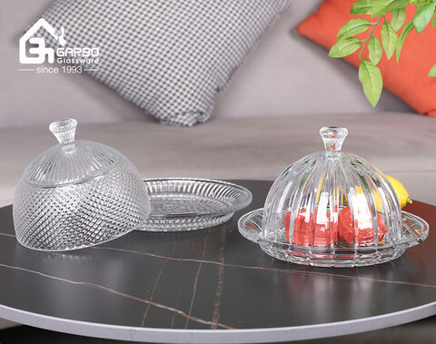 China High-white classical style embossed glass cake stand serving dish with cover for home party factory