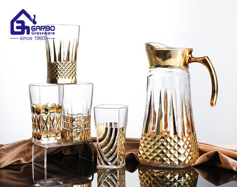 High-white 7pcs glass water pitcher set with golden decor design for home use