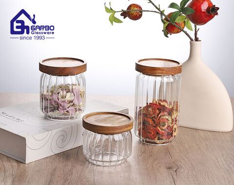 300ML machine-blown round borosilicate round storage jar with wooden lid factory in china