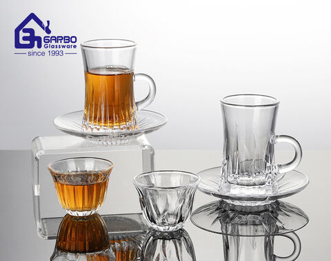 Arabic style high-white 120ml tea glass cup saucer set with engraved pattern factory in china