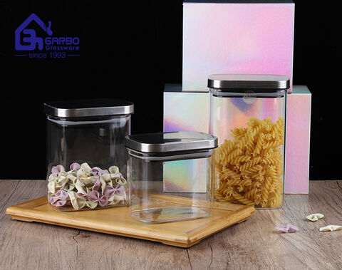 Multi-size rectangular shape light weight borosilicate glass food storage jar with airtight stainless steel lid  Manufacturer