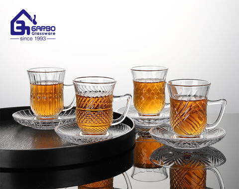 Engraved Pattern New Tea Glass Mug with Dish Tea Drinking Glasses manufacturers in china