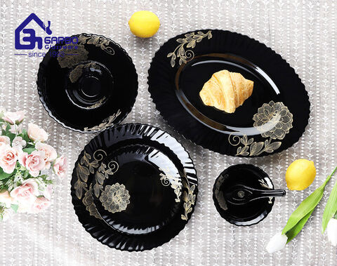 Luxurious decal design 33pcs black opal dinner set for wholesale