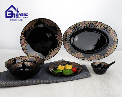 33PCS set black opal glass dinner set with decal design for wholesale