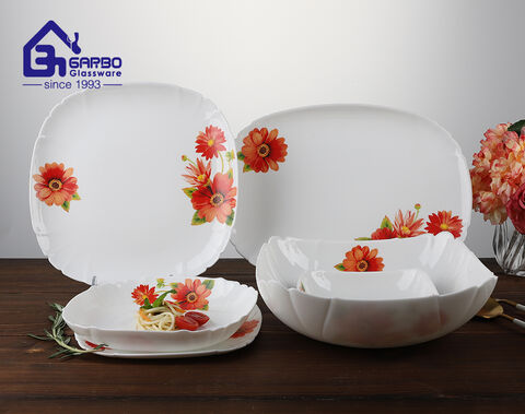 14 inch machine-made white opal glass fish plate with customized red flower decal