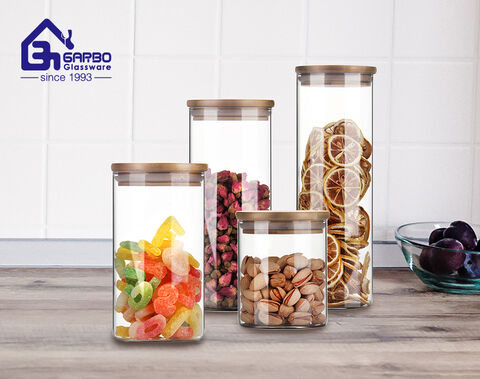 Round shape borosilicate glass food storage jar with bamboo lid manufacturers