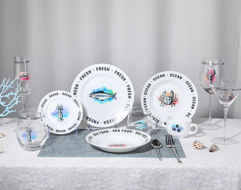 16pcs opal glass dinner set OEM decal design plates and cup white opal glassware